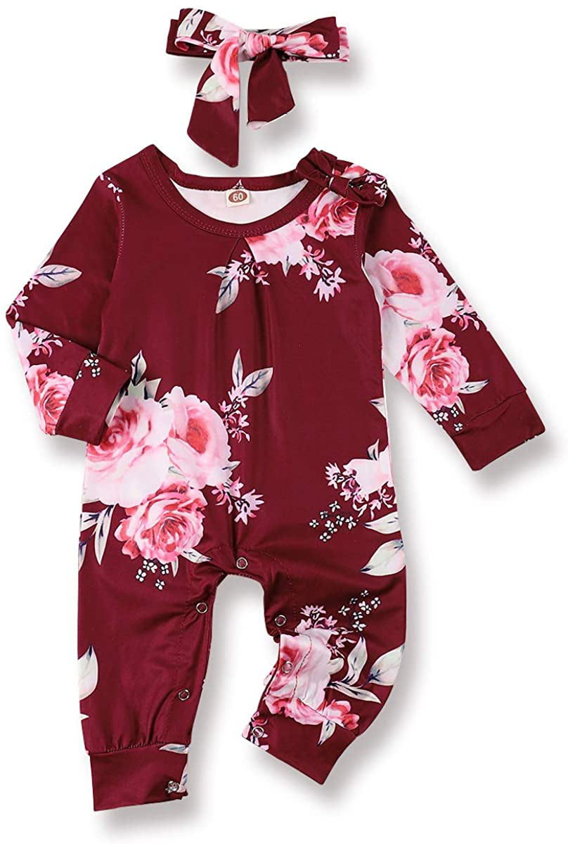 Lankey Baby Girls Clothes Floral Jumpsuit Long Sleeveless Romper Bodysuit+Headband Outfits