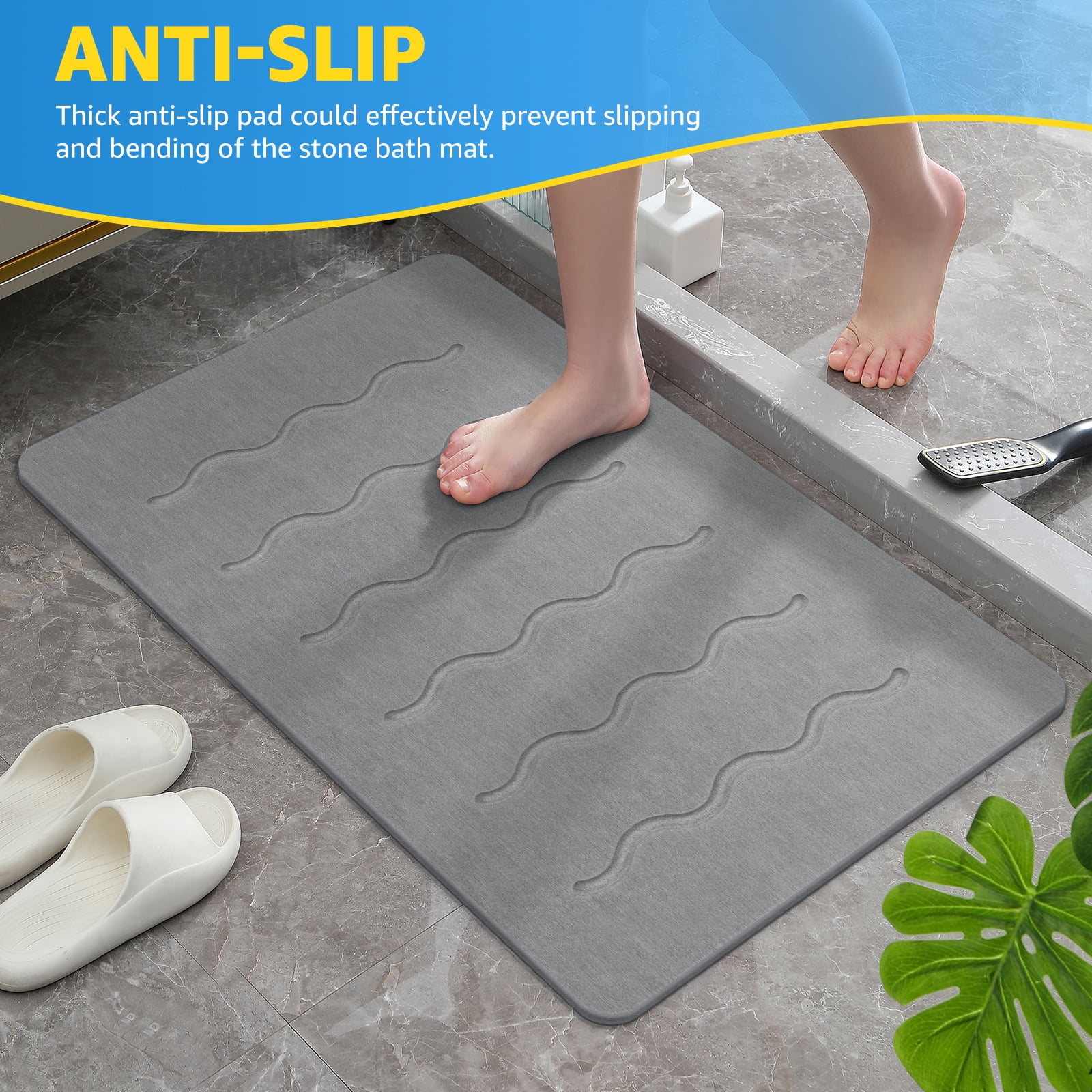 OTHWAY Large Stone Bath Mat, 32"x 20" Diatomaceous Earth Bath Mat for Bathroom, Quick Drying Long Bath Mat Stone Absorbing, Non-Slip Diatomite Hard Stone Shower Mat Instant Dry (Dark Grey)