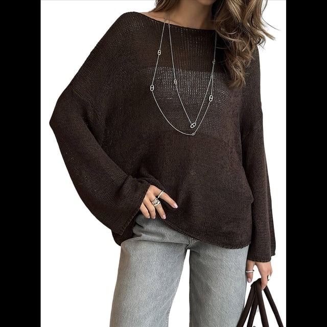Suéter de Verano para Mujer, Cuello Redondo, Corta, Informal, de Punto, Tipo Pulóver Color Café L