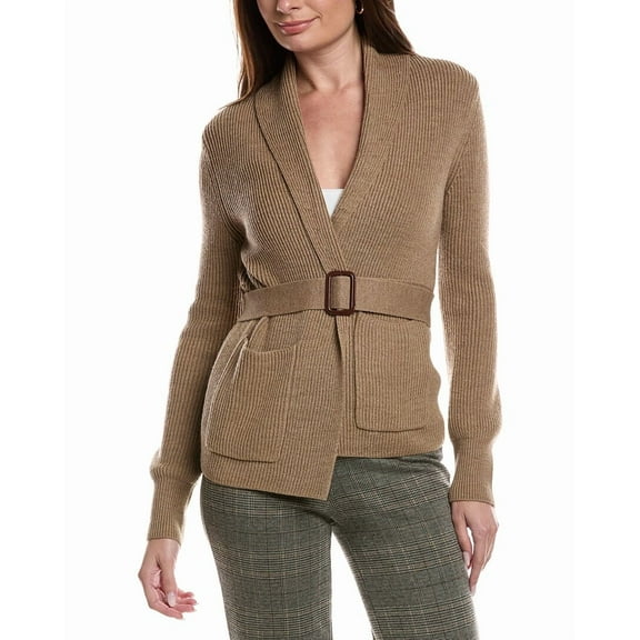 Bruno Magli womens Merino Wool Ribbed Belted Shawl Cardigan, s, Tan