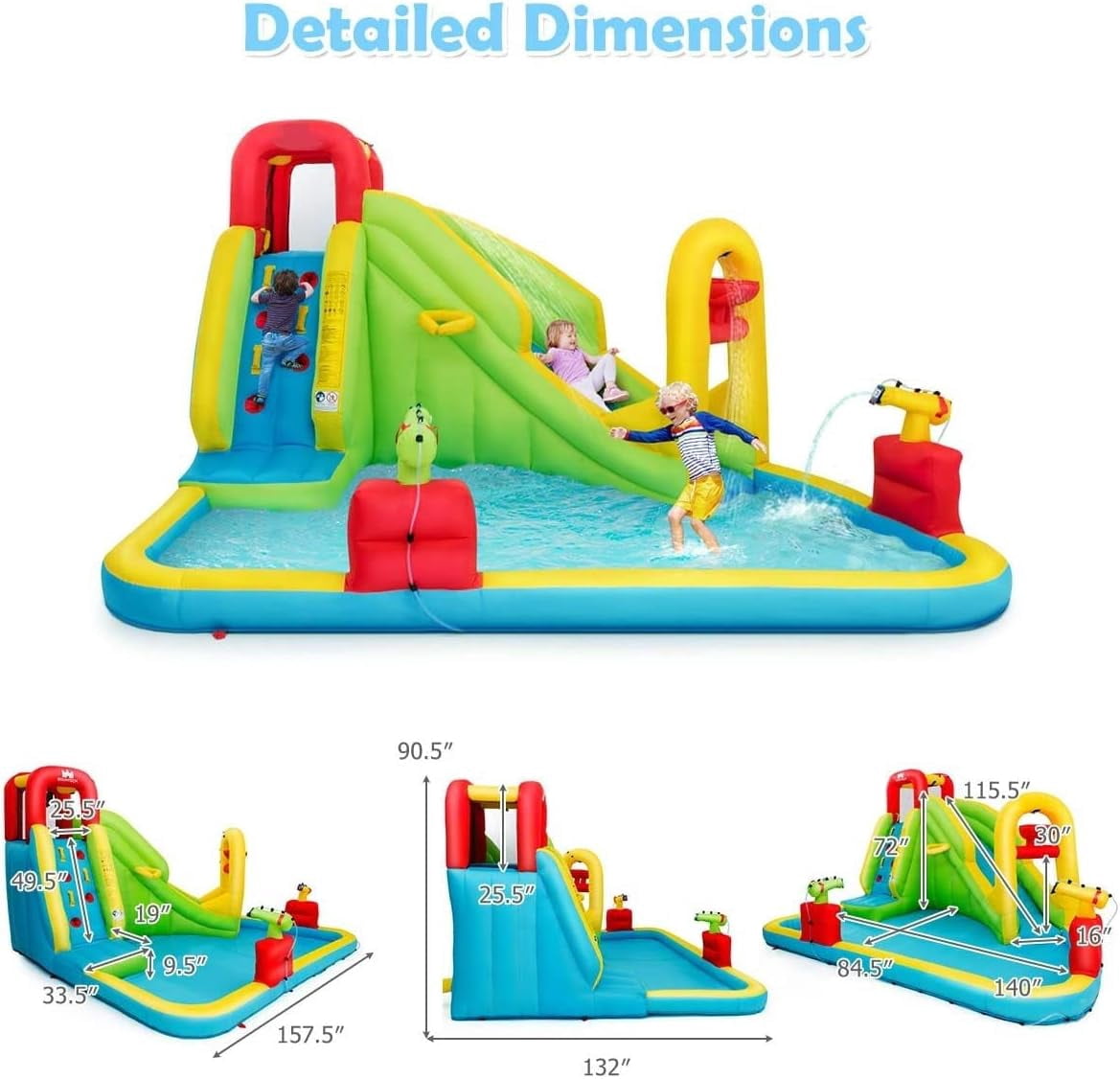 OLAKIDS Inflatable Water Slide, 7 in 1 Bounce House with 2 Slides, Climbing Wall, Splash Pool, Basketball Rim, 2 Water Blasters, Outdoor Water Park with Carrying Bag, Hose