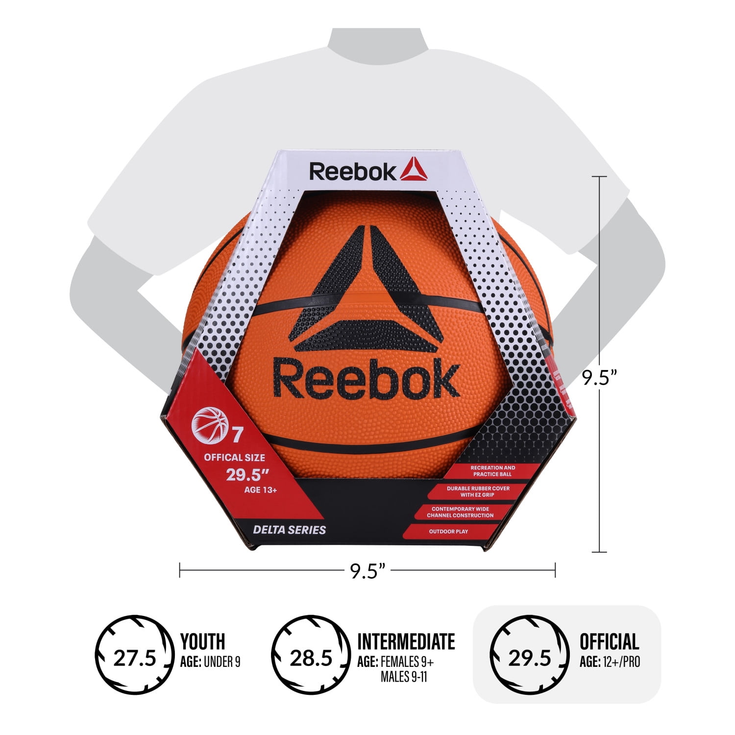Reebok Basketball Set – Outdoor Sports Equipment Kit with Size 7 Rubber Basketball, Dual-Action Hand Pump with Mesh Ball Bag