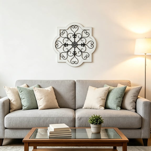 Sintosin 24" Farmhouse Wall Sculpture, Rustic Distressed Black & White Scroll Metal Hanging Wall Art, Ornate Wrought Iron Decorative Wall Decor for Kitchen Dining Room Home Wall Decoration