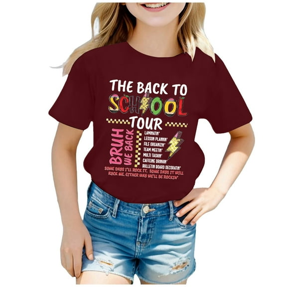 LUOGENLI Tops for Girls 14-16 Children's School Season Printed Short Sleeved Round Neck T Shirt Girls Summer Tops Size 6-7 Shirts for Girls 4-5 Years