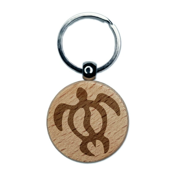 Honu Hawaiian Sea Turtle Round Keychain Charm Tag - Engraved Wood