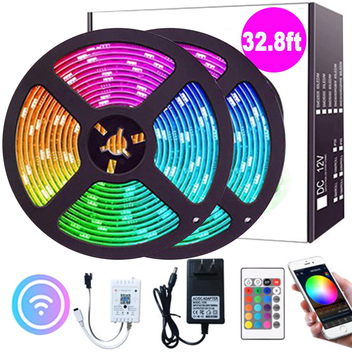LED Strip Light, 32.8ft 5050 RGB LED Lights Strip with 44 Key Remote Control,Color Changing Waterproof LED Rope Lights,20 Colors & DIY Mode Color Changing LED Tape Lights,LED Strip Lights for Bedroom