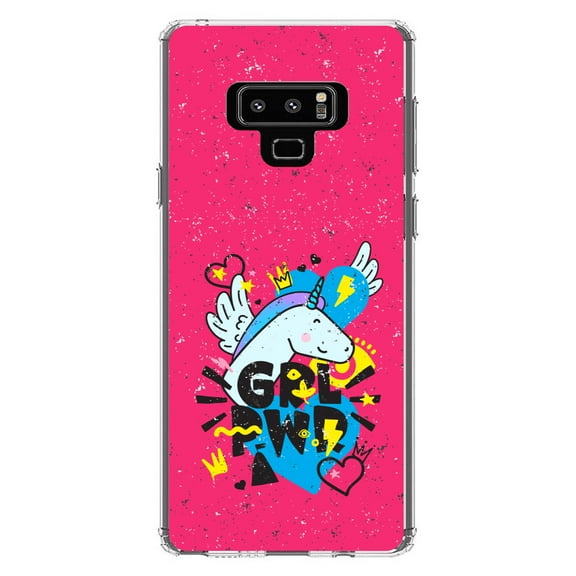 DistinctInk Clear Shockproof Hybrid Case for Samsung Galaxy Note 9 - TPU Bumper, Acrylic Back, Tempered Glass Screen Protector - Girl Power - GRL PWR - Unicorn Hearts Graffiti