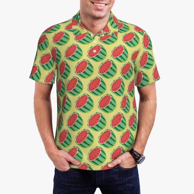 Fotbe Summer Watermelon Camiseta Polo de Golf para Hombre con Estampado – Camisa Deportiva Transpirable con Cuello Abotonado-X-Large