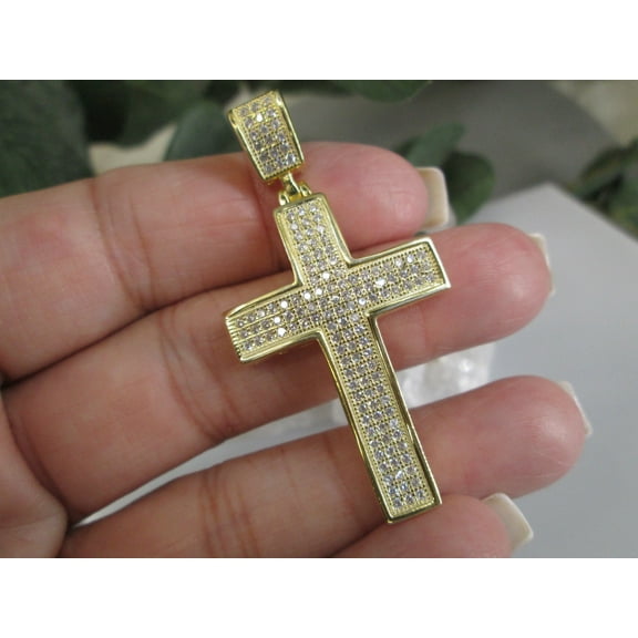 Bluebelljewels 14K Yellow Gold Finish Silver Round Cut Cubic Zirconia Cross Pendant Necklace