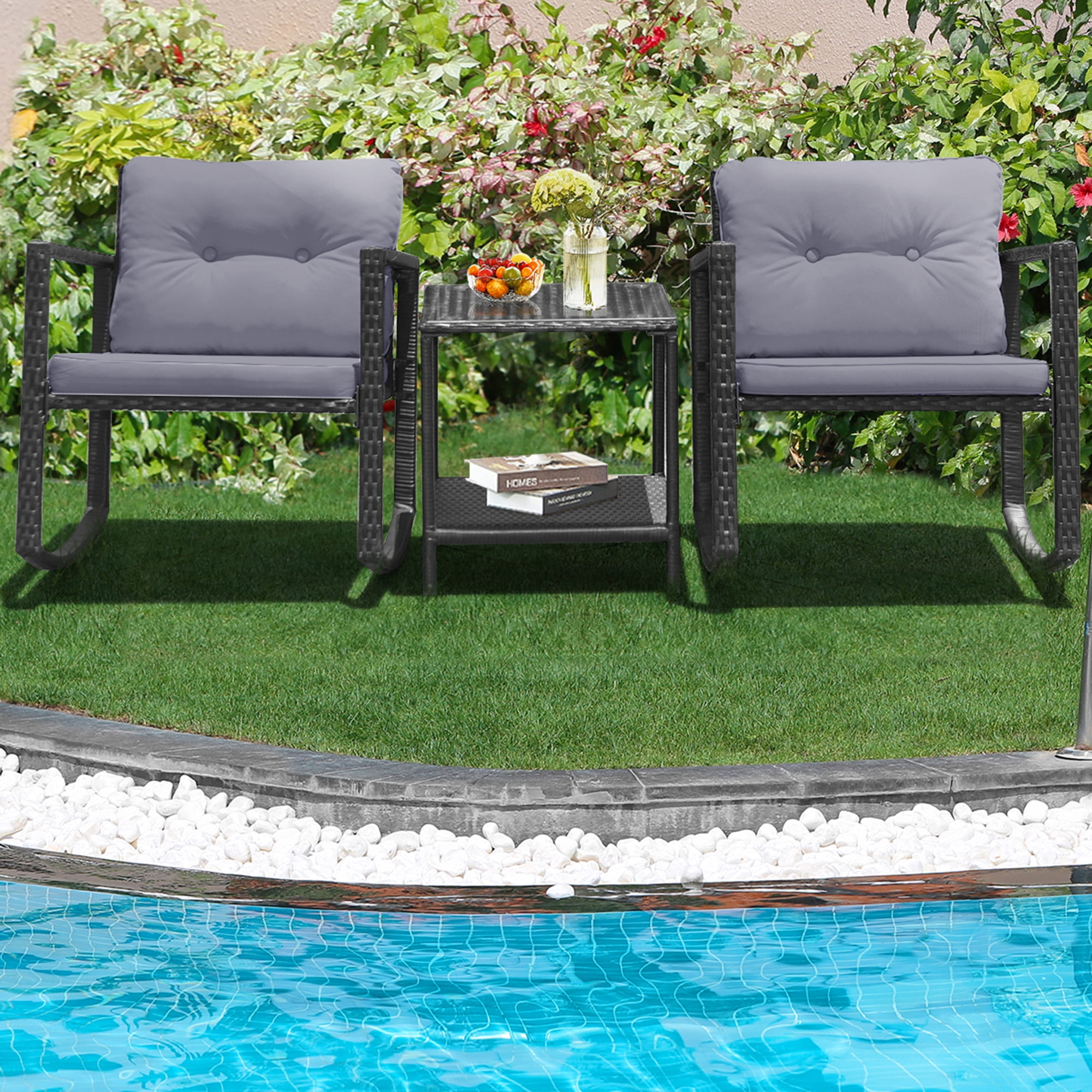 Gymax 3PCS Rattan Rocking Chair Table Set Patio Furniture Set w/ Grey Cushions