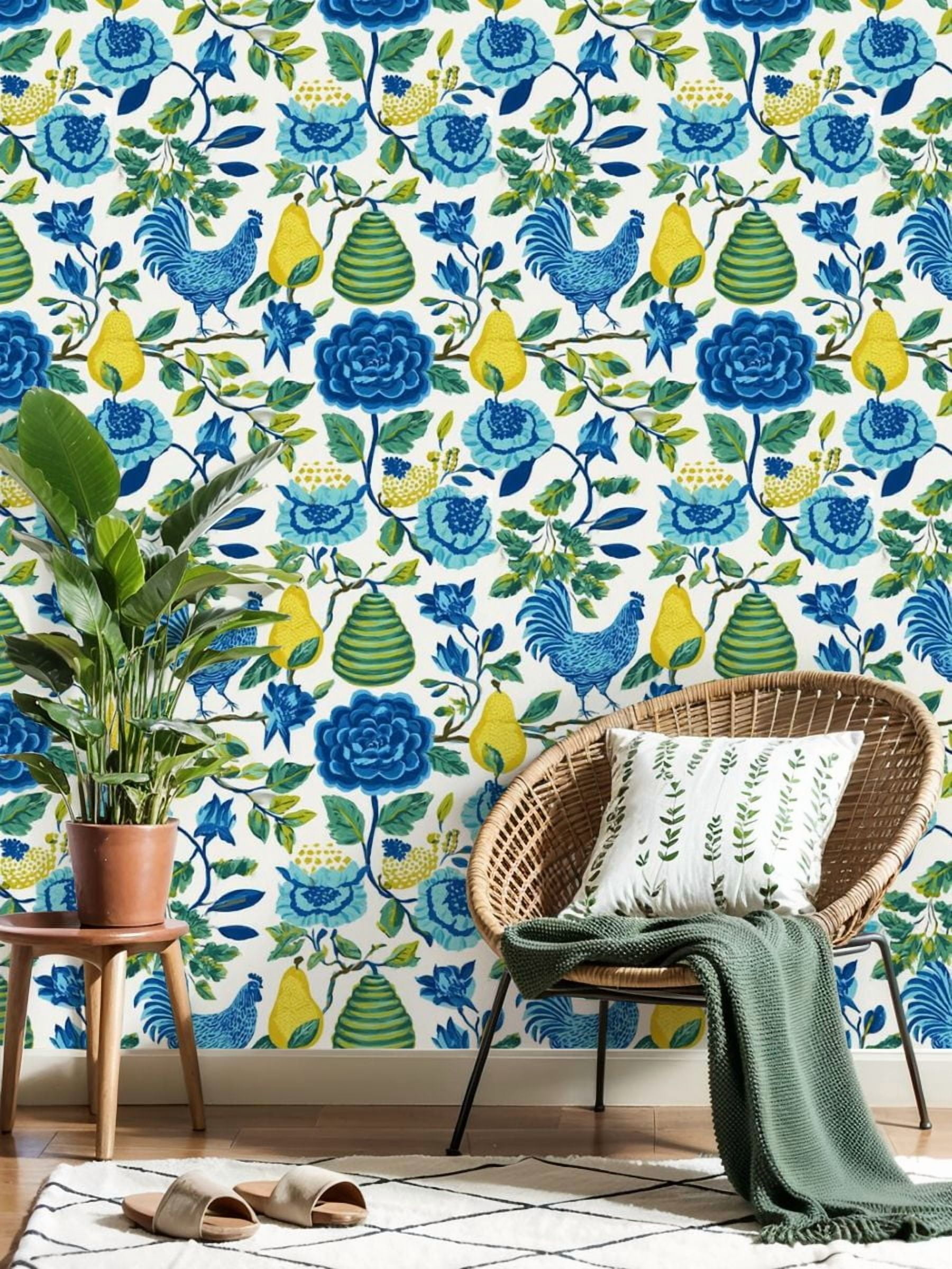 Farmhouse Peel and Stick Wallpaper 23.6in x 9.8ft Blue Yellow Floral Chicken Pears Flowers Contact Paper Vinyl Self-Adhesive Removable Wall Paper for Bedroom Kitchen Cabinet Renter Friendly