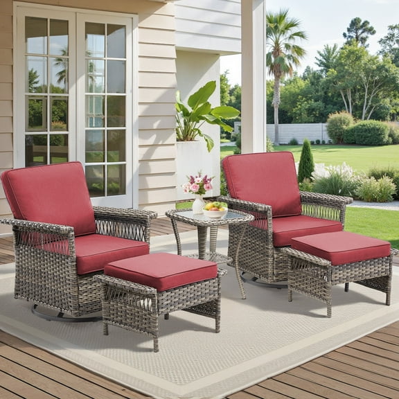 Lumiinofami 5 Piece Patio Furniture Set, Wicker Outdoor Patio Conversation Swivel Glider Rocker Chairs Set with Ottomans and Storage Side Table for Balcony Deck Garden, Red Cushions