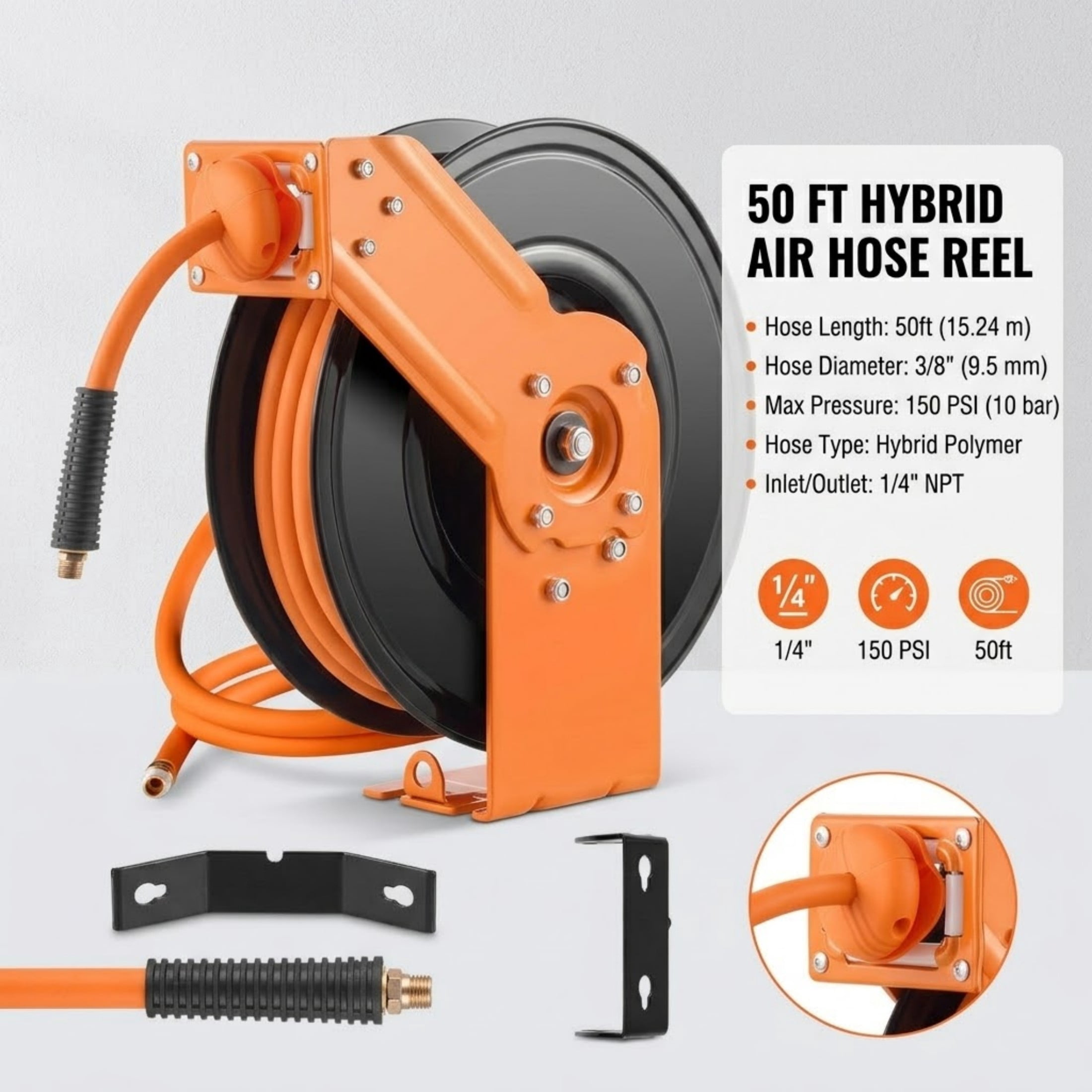 JUVOCT 3/8" x 50 ft Retractable Air Hose Reel, 300 PSI Heavy Duty Rubber Hose