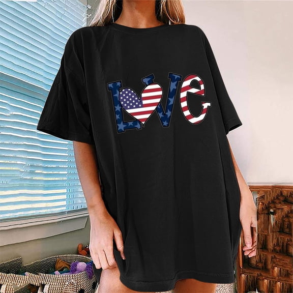 Fartey 4th of July Oversize Shirts Women Cute American Flag Stars Graphic Tees Summer Short Sleeve Crew Neck Patriotic T-Shirt Fashion Y2K Tops Black L