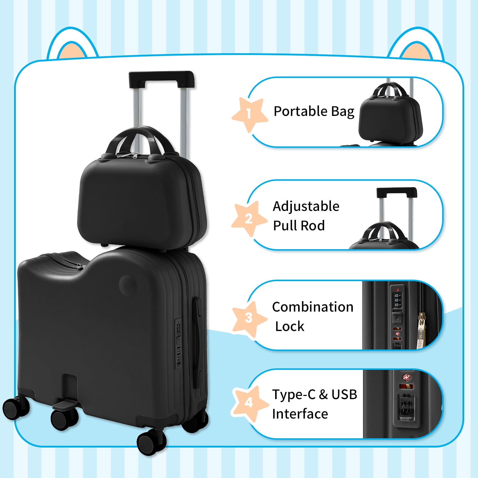 TABU Kids Ride on Luggage with Handbag, Hardshell Suitcase with 6-Spinner Wheels,Hidden Cup Holder,Foldable Pedal,Black