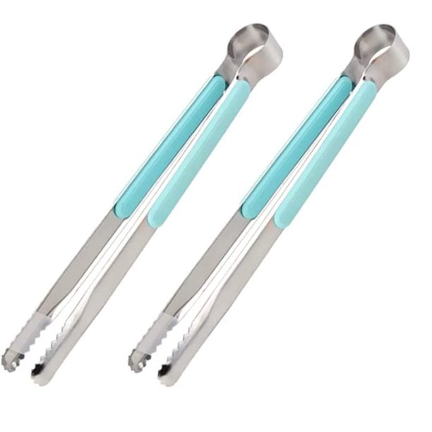 Color azul, 2 piezas, pinzas para hielo de acero inoxidable para alimentos, pinzas para barbacoa, utensilios de cocina con mango de plástico ABS, 9,8 pulgadas, viene con cepillo de silicona para asar TUNC Sencillez
