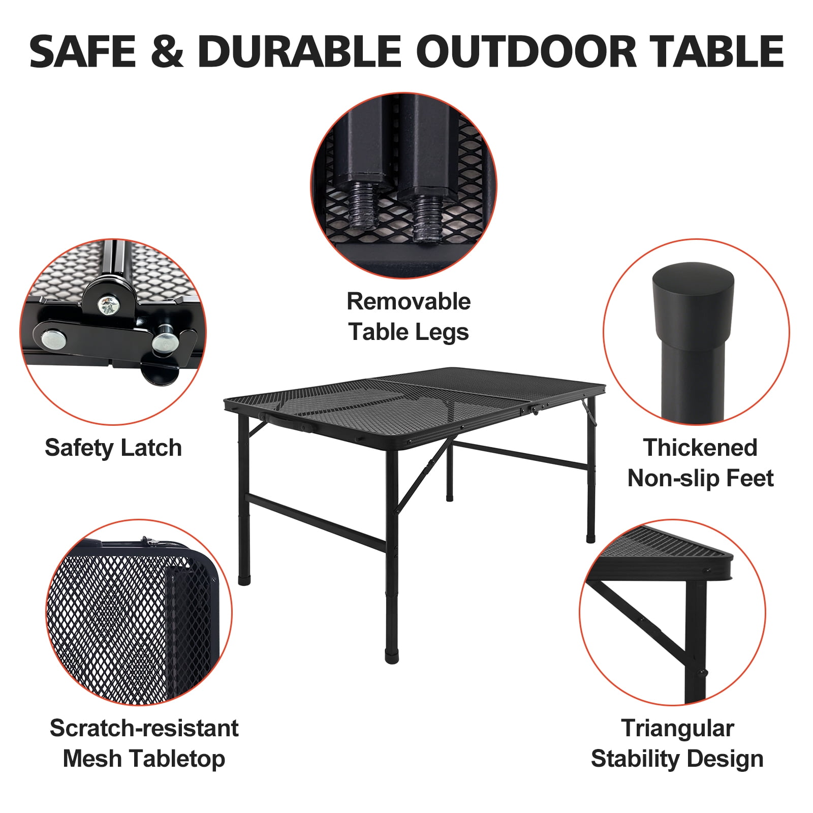 3FT Folding Camping Table, Black Mesh Desktop Portable Grill Table, Lightweight Aluminum Alloy Frame with Adjustable Height for Camping, BBQ, Picnic & Outdoor Activities