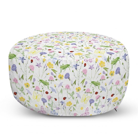 Ladybug Pouf Cover with Zipper, Butterfly Soft Toned Blossom Flora Daisy Aster Bluebell Chamomile Clover Petals, Soft Decorative Fabric Unstuffed Case, 30" W X 17.3" L, Multicolor, by Ambesonne