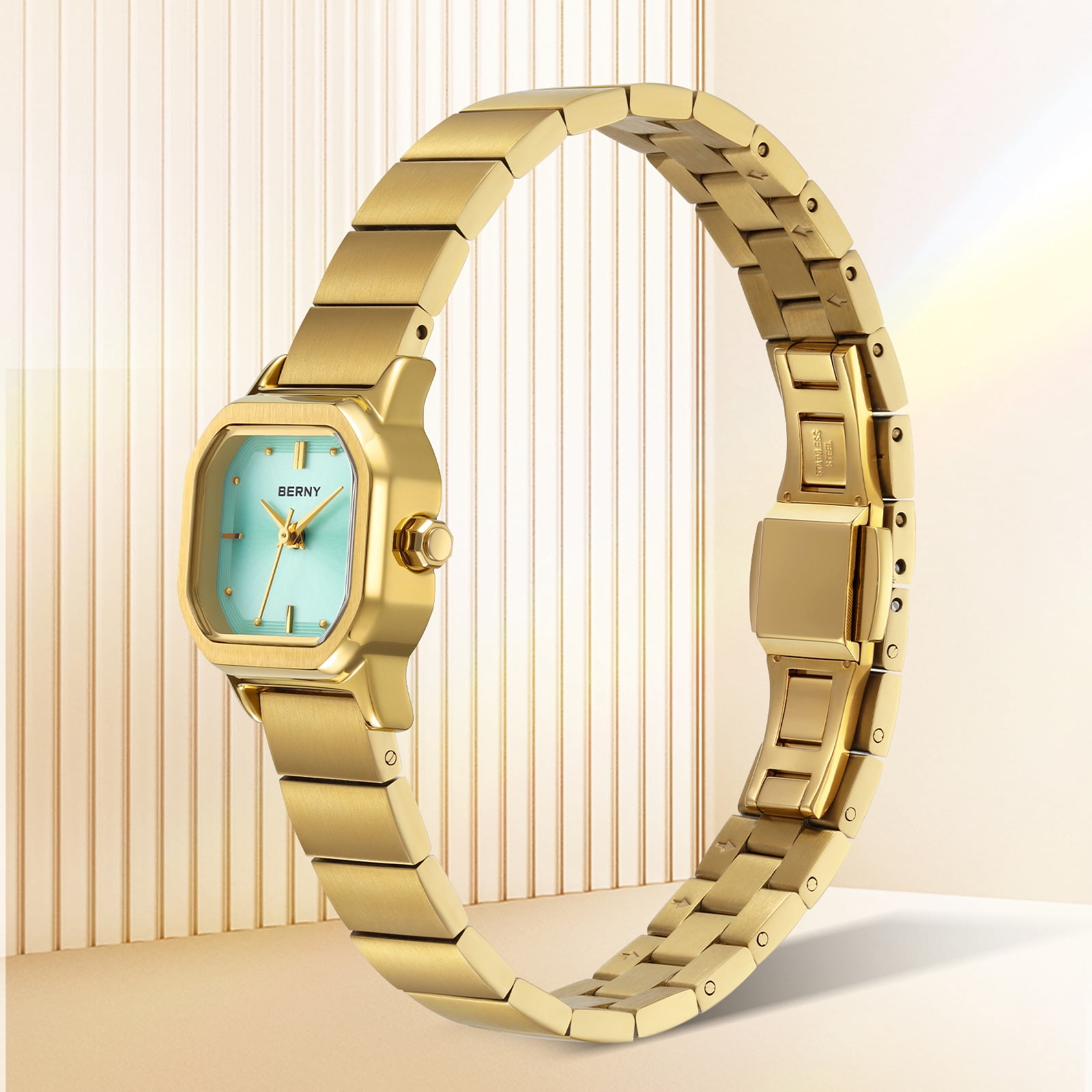 BERNY Small Gold Watches for Women, Dainty Minimalist Dress Watch with Square Dial, Vintage Stainless Steel Bracelet Watch, Waterproof, Ladies Luxury Gifts (Blue)