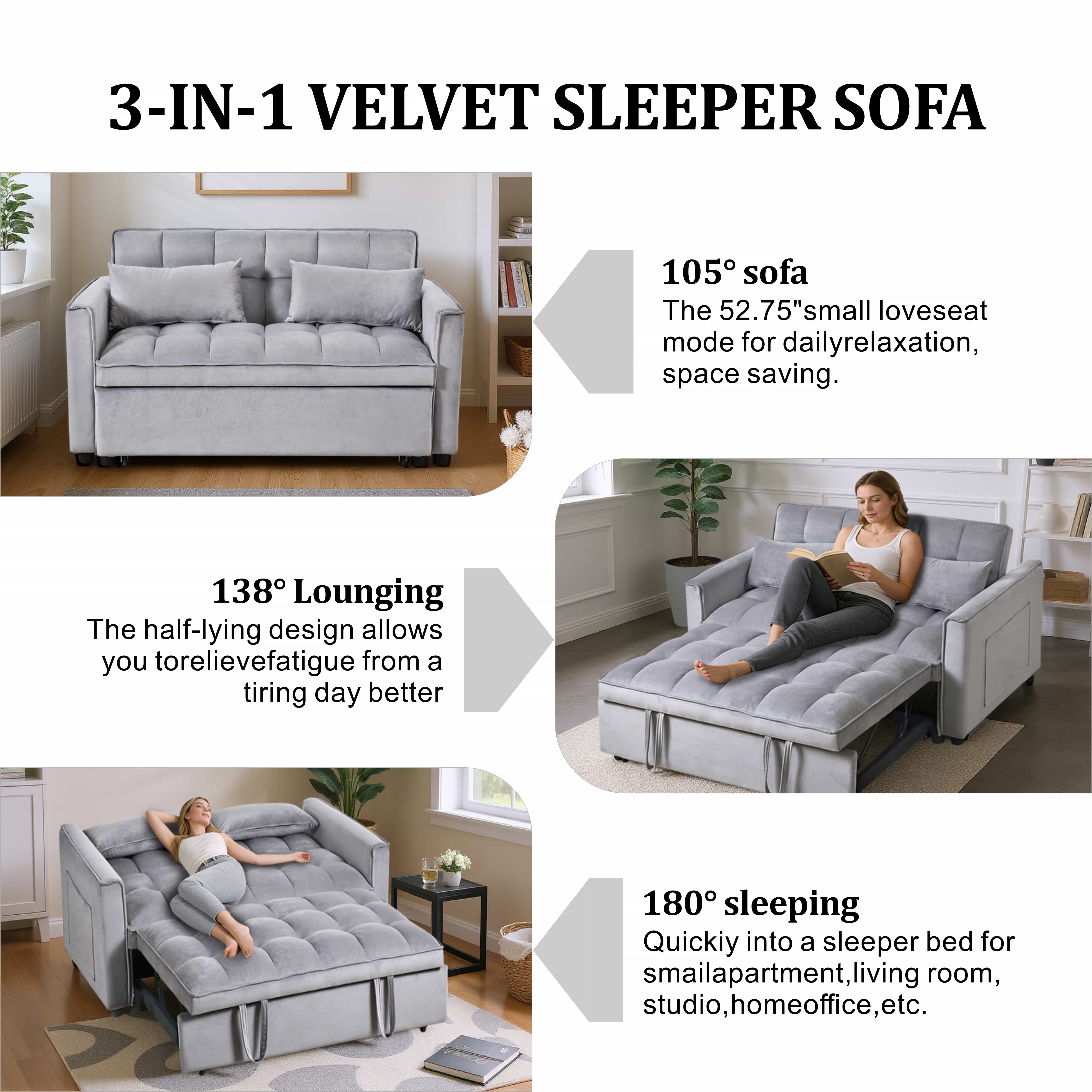 BSHTI 3 in 1 Modern Velvet Loveseat Sofa Bed-3-Position Adjustable Convertible Sleeper, Side Storage Pockets, Square Tufted, Easy Assembly, for Small Space Apartment,Silver Gray