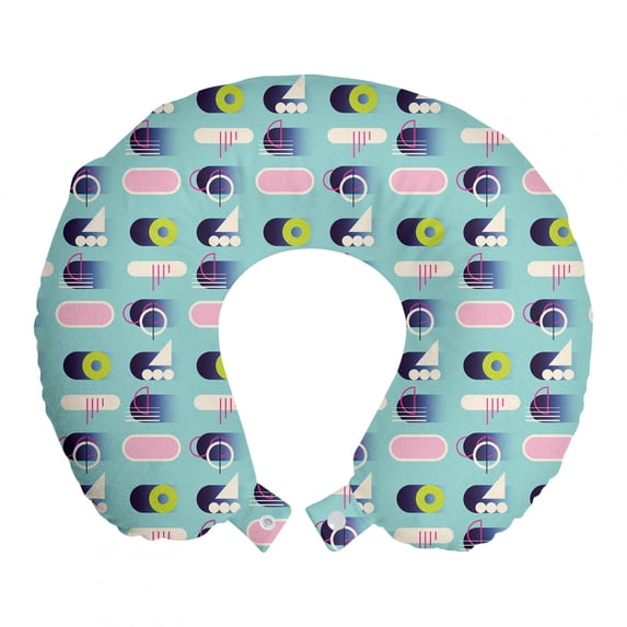 Geometric Travel Pillow Neck Rest, Abstract Colorful Repetition with Modernistic Motifs Graphic, Memory Foam Traveling Accessory Airplane and Car, 12", Pale Seafoam Multicolor, by Ambesonne