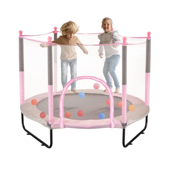 KFFKFF 60" Children's Trampoline, 5FT Trampoline for Indoor and Outdoor Use, Compact Trampoline for Toddlers with Protective Netting and Basketball Hoop