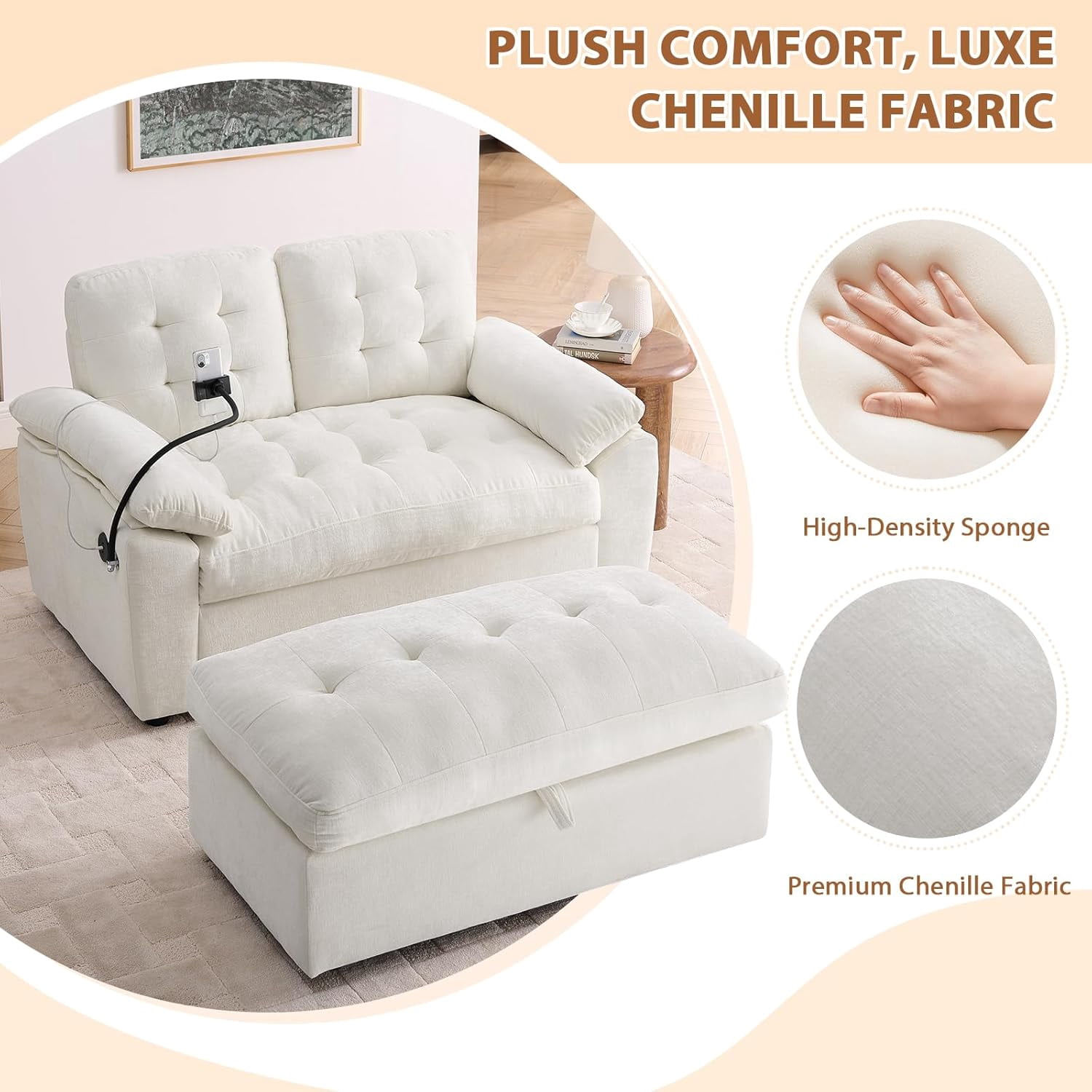 MOONMISS Oversized Chaise Lounge Chair Indoor with Ottoman&Adjustable Backrest,Chenille Tufted Recliner Sofa Chair with USB&Phone Holder,Convertible Sleeper Couch Bed for Living Room,Beige