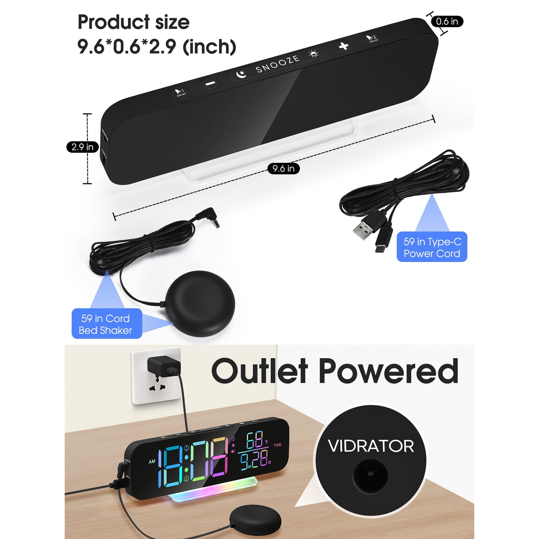 ITIGOITIE Extra Loud Vibrating Alarm Clock,Adjustable Volume,Dimmer,Large LED Digital with RGB Night Light for Bedrooms,Kids,Teens(Black)