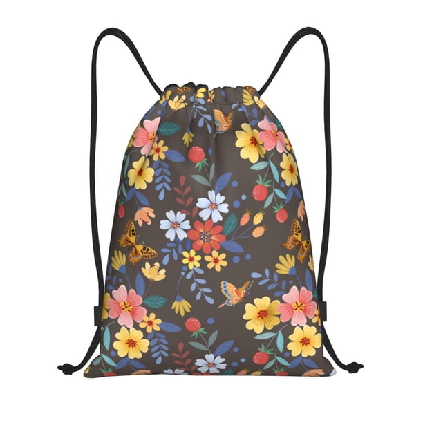Fotbe Colorful Flowers with Butterfly Bolsa Mochila con Cordón Estampada, Bolsa de Gimnasio Deportiva, Bolsa Cinch, Bolsa con Cordón para Hombres y Mujeres-Small