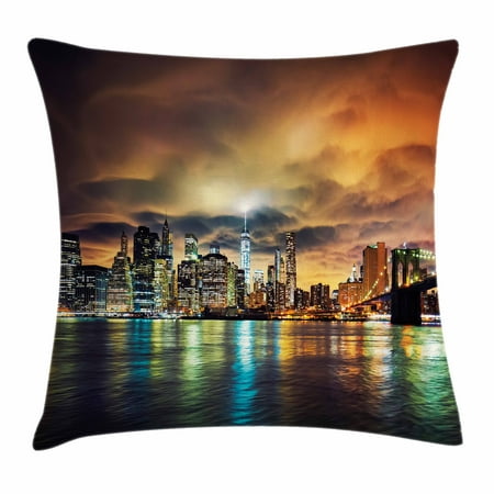 New York Throw Pillows City Throw Pillow Cushion Cover, Fantasy Dramatic Sky in New York at Nighttime Stormy Sunset Vibrant Water Reflections, Decorative Square Accent Pillow Case, 16 X 16 Inches, Multicolor, by Ambesonne ()