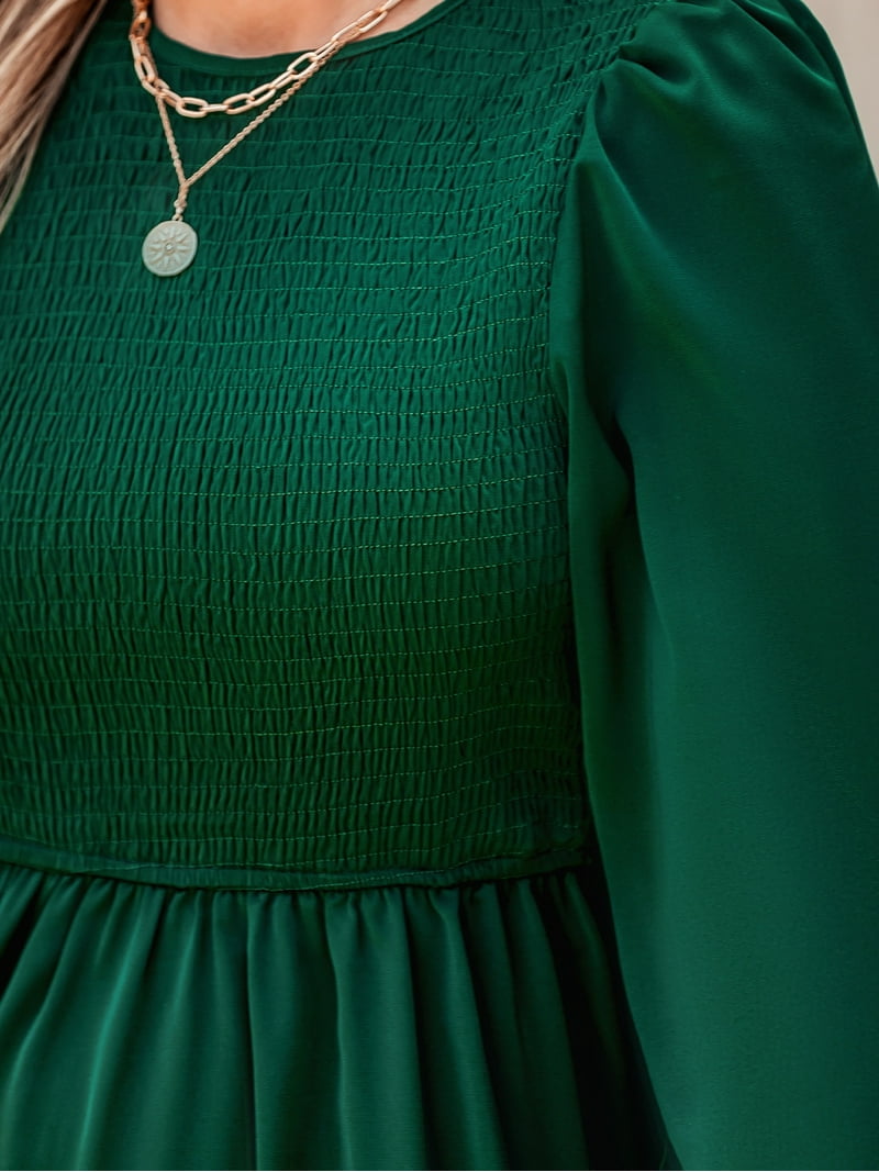 CUPSHE Women's Round Neck Emerald Green Smocked Long Sleeve Mini Dress  Ruffled Hem Casual A Line Short Dress - Walmart.com
