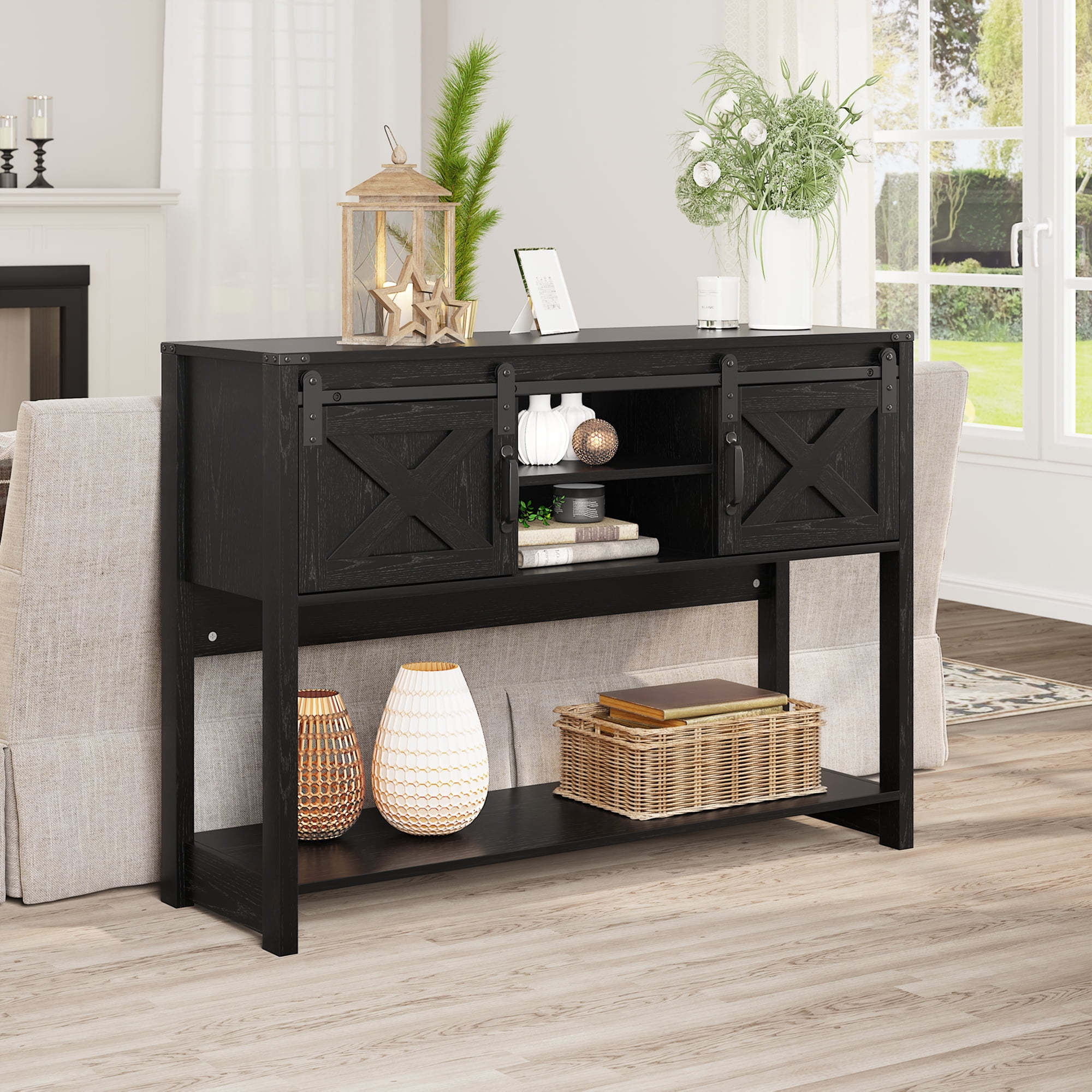 SUNVIVI Entryway Table with Storage Cabinets, 46" Modern Farmhouse Console Table with Sliding Barn Door, Wood Rustic Sofa Table with Adjustable Shelf for Hallway, Living Room