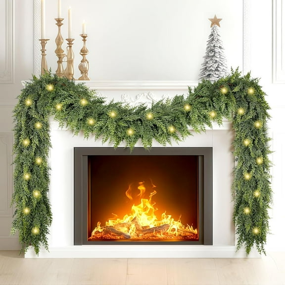 Bootesun 6FT Christmas Cedar Garland with Lights, Realistic Soft Faux Cedar Garlands,Thickness Pine Garland for Home Fireplace Mantle Table Outdoor Indoor Christmas Decorations