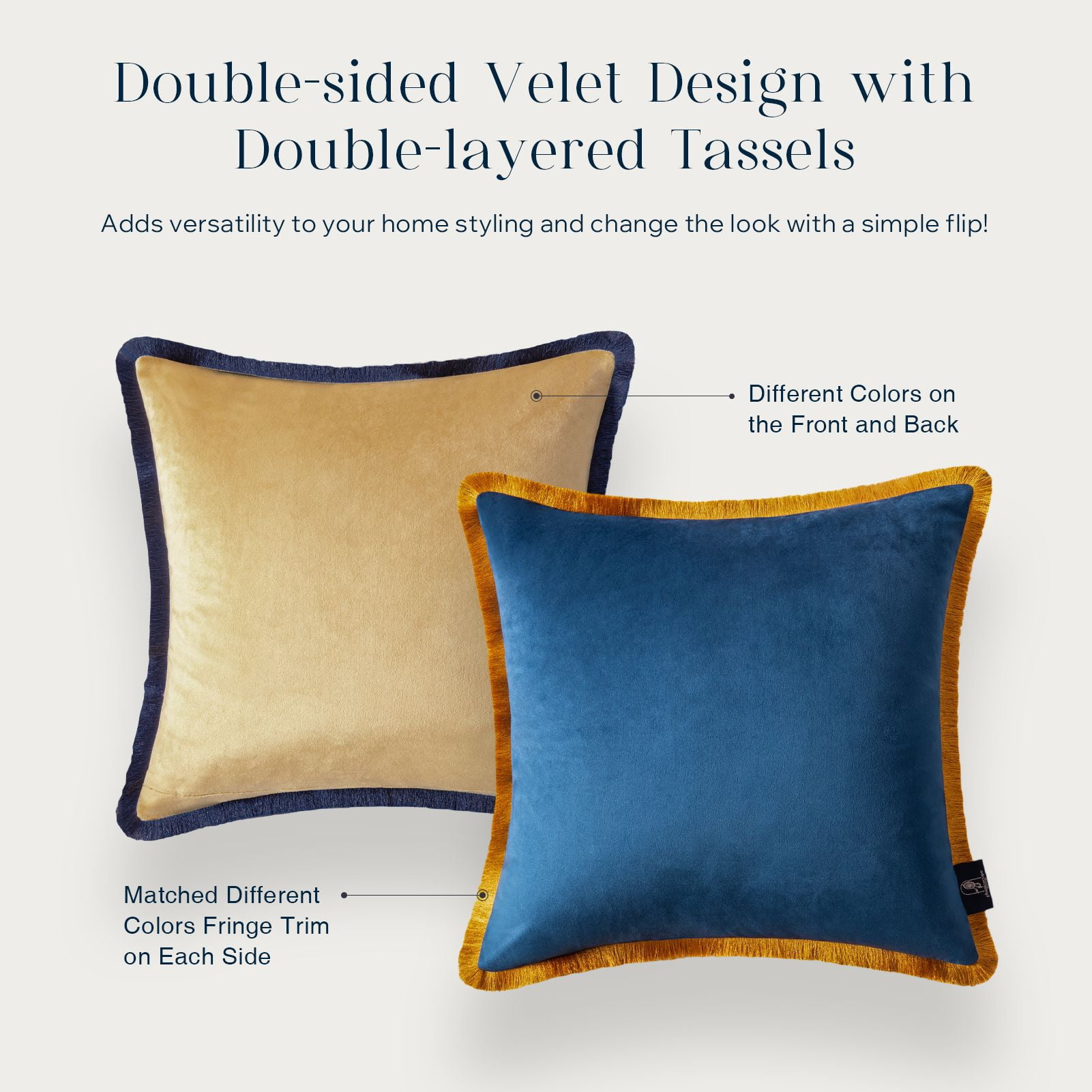 Phantoscope Velvet Decorative Throw Pillows with Inserts, Double-Sided Two-Tone Tassel Trim, 18 x 18 in, Navy Blue, 2 Pack