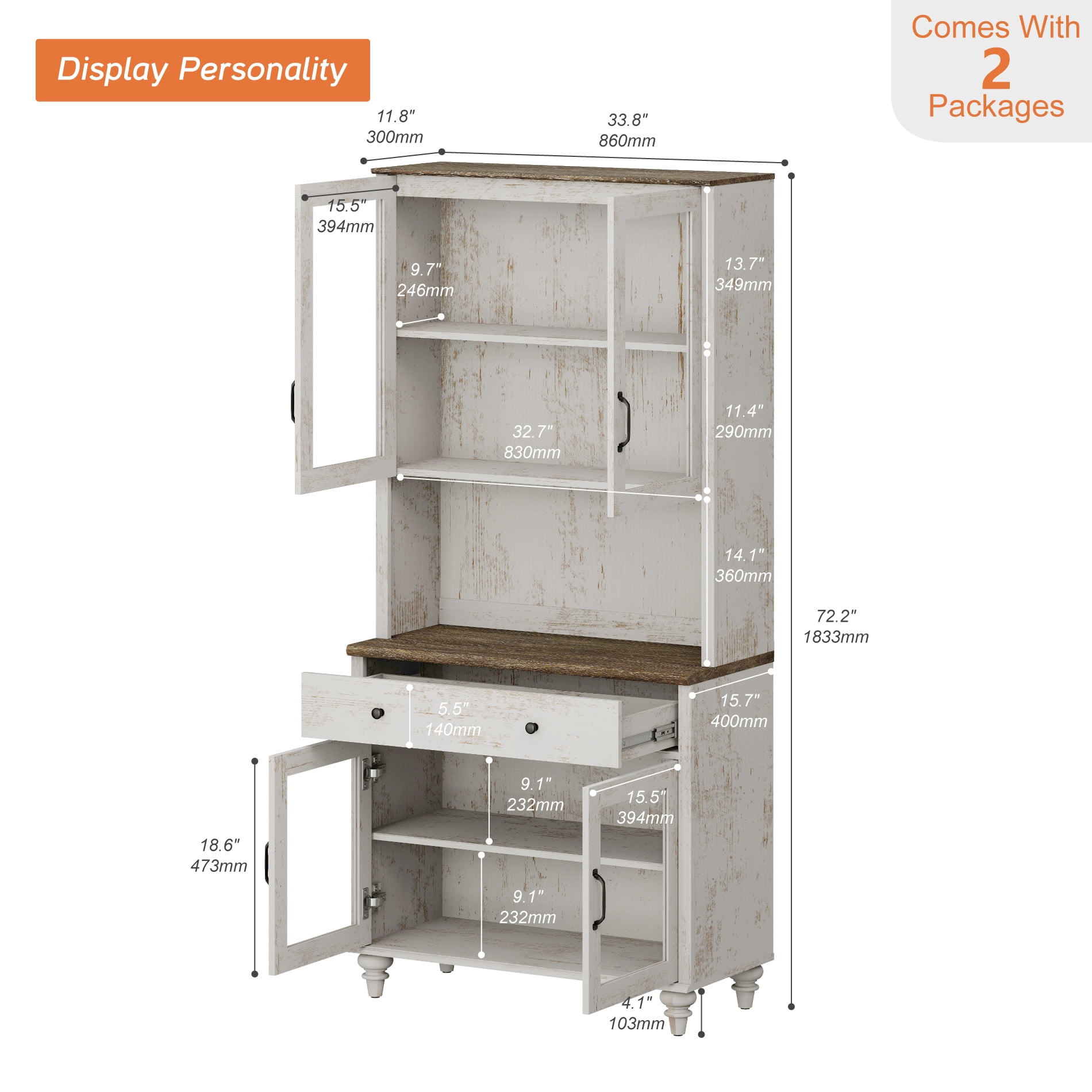 72"H x 33.9"W 5-Tier Farmhouse Wooden Bookcase, Display Bookshelf with Glass Doors, Roomy Storage Cabinet & Wood Drawer, Library Book Shelf for Living Room, Office, Kitchen, Rustic White