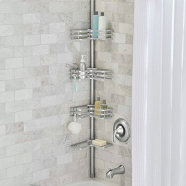 Better Homes & Gardens Tension Pole Shower Caddy, Resists Rust, 3 Tier Caddy, 5 - 9 ft, Satin Nickel