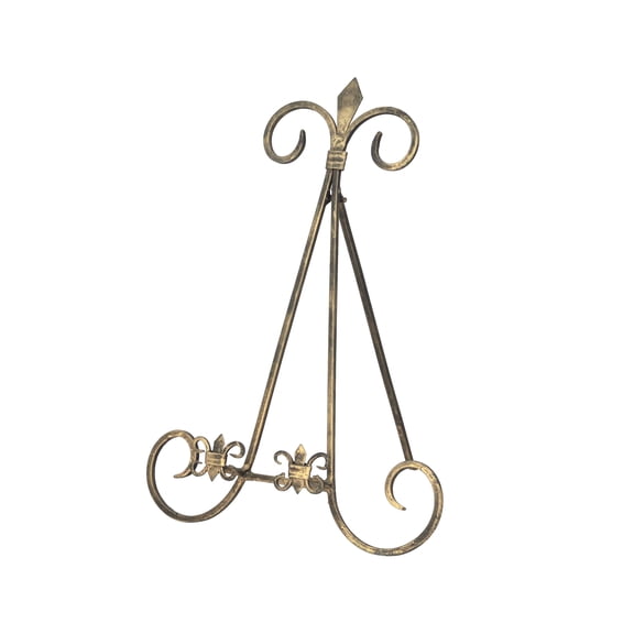 DecMode 11" x 15" Brass Metal Tabletop Arched Fleur De Lis Easel with Scroll Details, 1-Piece