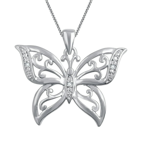 Genuine 0.02 Ctw Natural Diamond Accent Butterfly Shaped Necklace In 14K White Gold Plated.