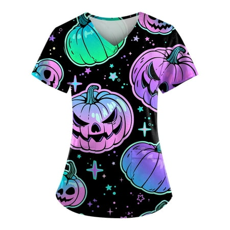 

Sksloeg Uniform Tops For Women Scrubs Animal Cat Bat Print V-Neck Cute Cartoon Pattern Workwear With Pockets Shirts Nursing Working Uniform Purple XL