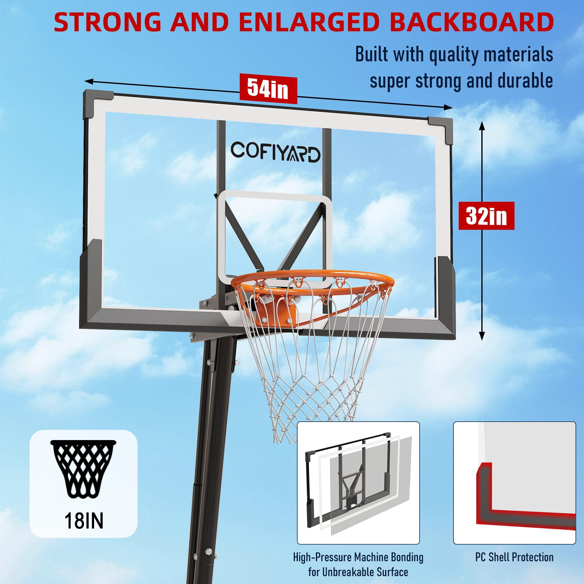 Cofiyard 54 inch Shatterproof Backboard Basketball Hoop, 5.25-10FT Height Adjustable Portable Basketball Goal System with Sandbag,