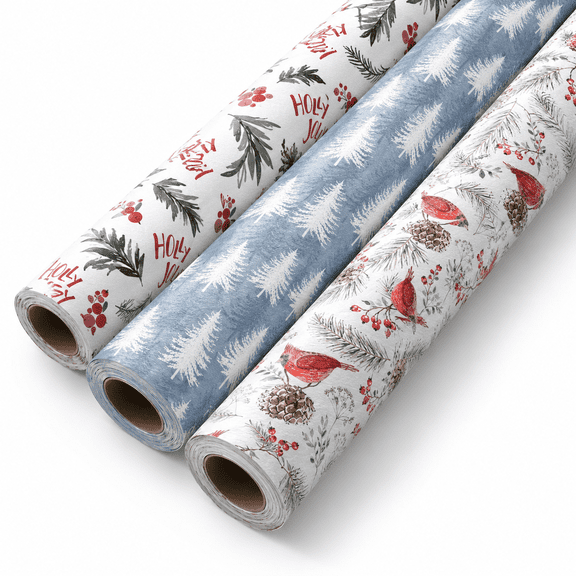 Caneden 3‑Pack Glossy Wrapping Paper Rolls, Cardinal Bird, Holly Jolly & Blue Winter Pine Tree Prints, 42 sq ft Total, Christmas Holiday Gift Wrap