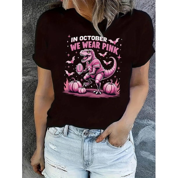 Camisetas de verano para mujer, con estampado, lindo, holgadas, atléticas, de manga corta, casual, 2025Creative pink English dinosaur pattern print Women's fashion trendy round neck short sleeve, si