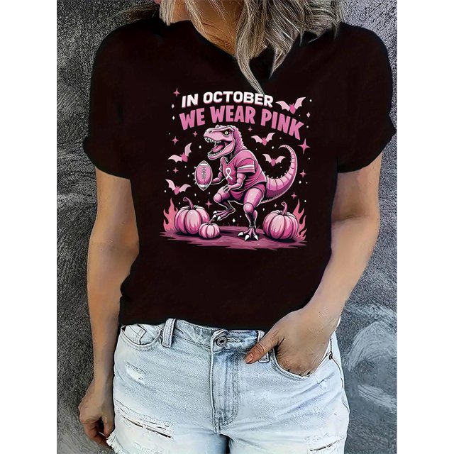 Camisetas de verano para mujer, con estampado, lindo, holgadas, atléticas, de manga corta, casual, 2025Creative pink English dinosaur pattern print Women's fashion trendy round neck short sleeve, si