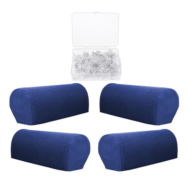 Juego de 4 fundas para reposabrazos de tela elástica de licra, antideslizantes, para sillones y muebles, con 100 pasadores giratorios. Azul oscuro