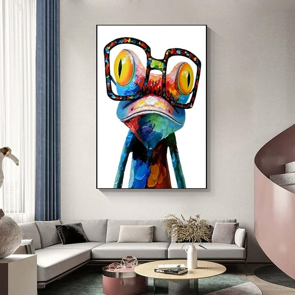 Frog Wall Art Canvas Paintings Colorful Funny Frog with Glasses Pictures, Abstract Animals Canvas Wall Art Posters Prints for Bedroom Living Room Kitchen Bathroom Office Wall Decor