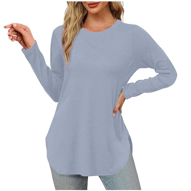 Yuyuzo Womens Tops Crew Neck Long Sleeve Side Split Solid Color Loose Casual Basic Fall Tunic Top