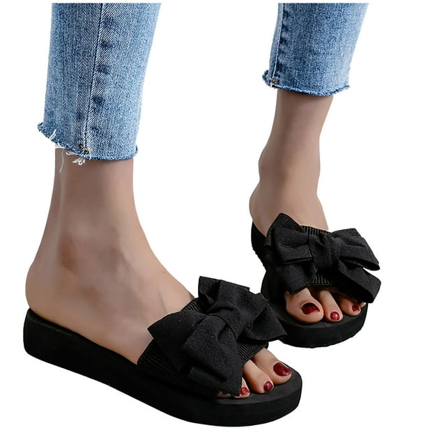 Womens Wedge Sandals Slide Bow Platform Soft Sole Non Slip Lightweight Comfortable Breathable Summer Sandals Black