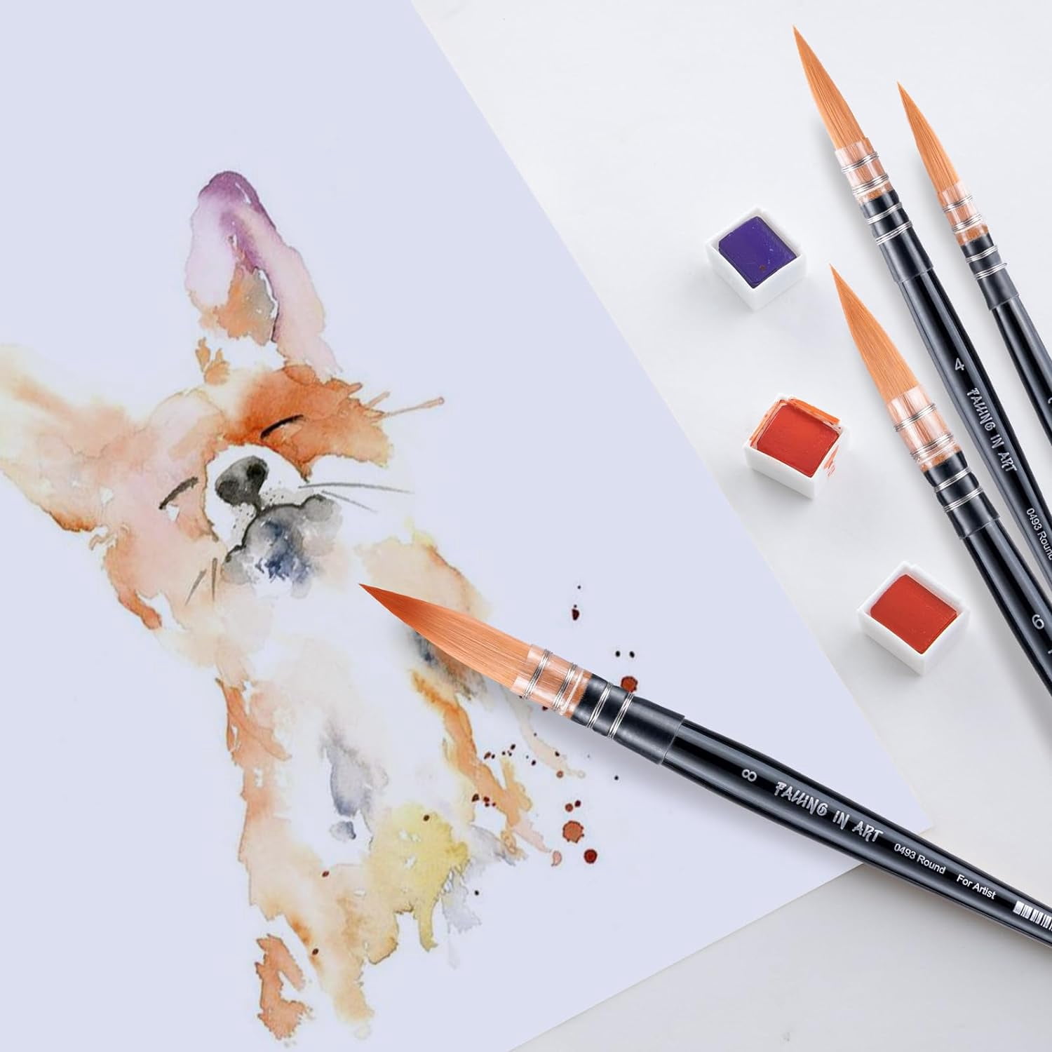 JJEAN-Professional Paint Brush Set, 4Pcs Round Pointed Paintbrush Set, Wooden Handle Nylon Hair Artist Brushes for Watercolor Painting and Fine Art(#2#4#6#8)