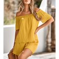 thumbnail image 2 of Trajes cortos con hombros descubiertos para mujer, moda de verano, holgados, de Color puro, a cuadros, trajes de 2 piezas para el hogar, viajes diarios, 2 of 7