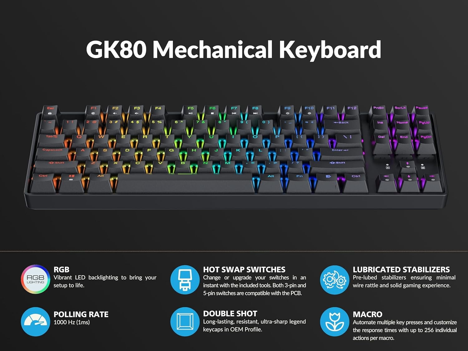 Geeky GK80 TKL Tenkeyless | Hot Swappable Mechanical Gaming Keyboard | 87 Keys Multi Color RGB LED Backlit for PC / Mac Gamer | ANSI US American Layout ( Black , Mechanical Brown )